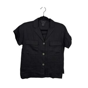 Tahari Button Up Shirt Womens XS Black Linen Short Sleeve Collared Flap Pockets